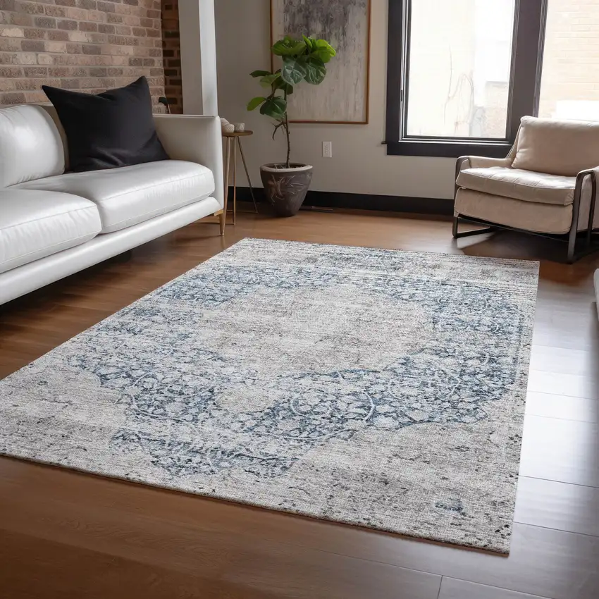 Blue And Ivory Oriental Washable Indoor Outdoor Area Rug Photo 8