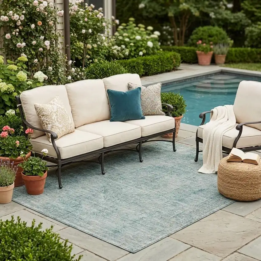 Blue And Ivory Oriental Washable Indoor Outdoor Area Rug Photo 1