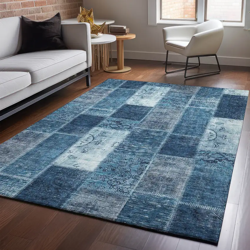 Blue And Ivory Patchwork Washable Area Rug With UV Protection Photo 3