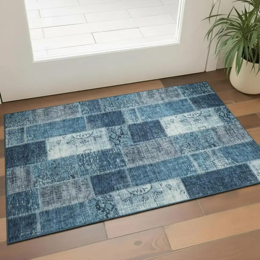 Blue And Ivory Patchwork Washable Area Rug With UV Protection Photo 1