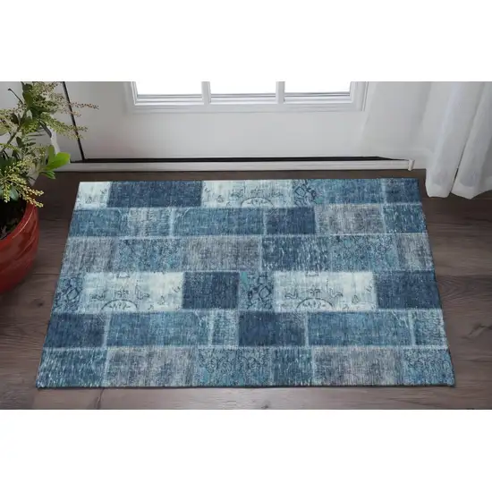 Blue And Ivory Patchwork Washable Area Rug With UV Protection Photo 2