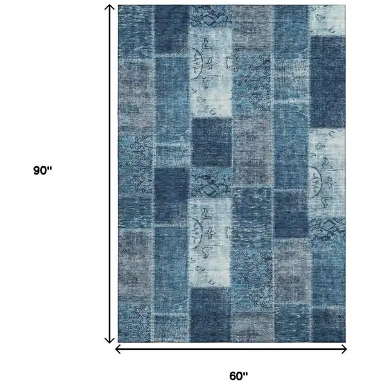 Blue And Ivory Patchwork Washable Area Rug With UV Protection Photo 9
