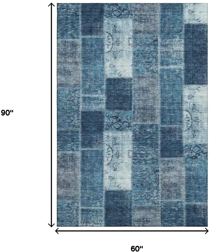 Blue And Ivory Patchwork Washable Area Rug With UV Protection Photo 9