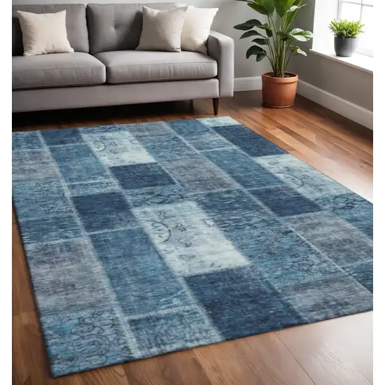 Blue And Ivory Patchwork Washable Area Rug With UV Protection Photo 2