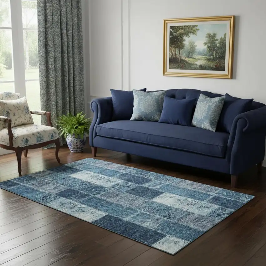 Blue And Ivory Patchwork Washable Area Rug With UV Protection Photo 1
