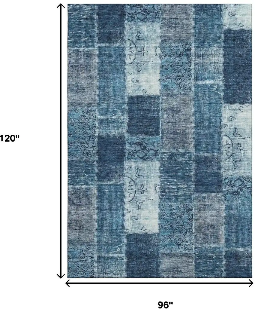 Blue And Ivory Patchwork Washable Area Rug With UV Protection Photo 9