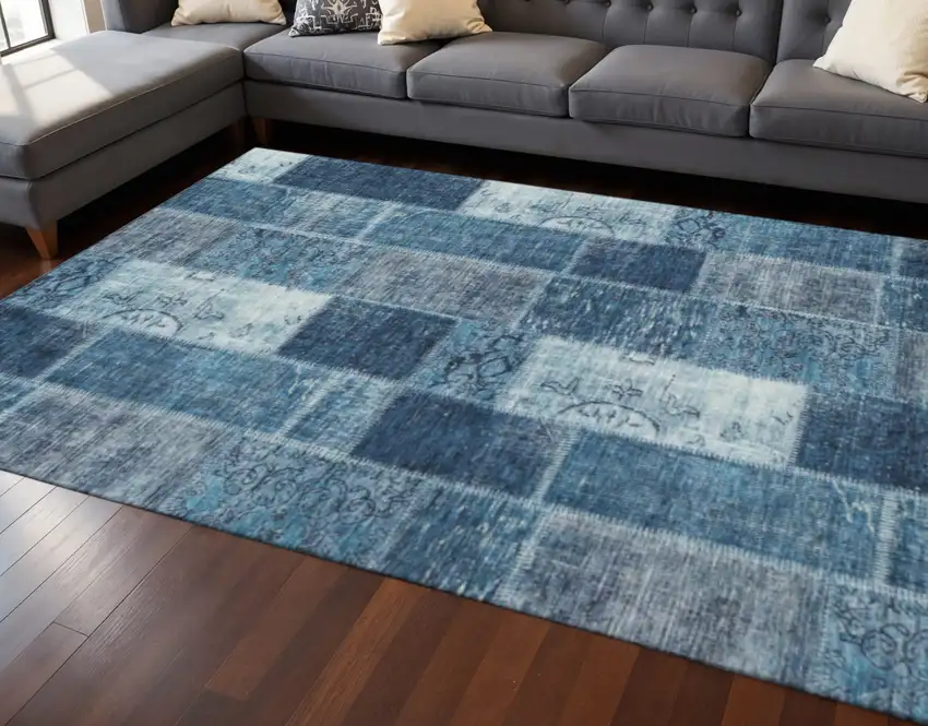 Blue And Ivory Patchwork Washable Area Rug With UV Protection Photo 2