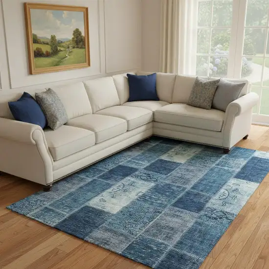Blue And Ivory Patchwork Washable Area Rug With UV Protection Photo 1