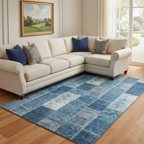 Blue And Ivory Patchwork Washable Area Rug With UV Protection Photo 1