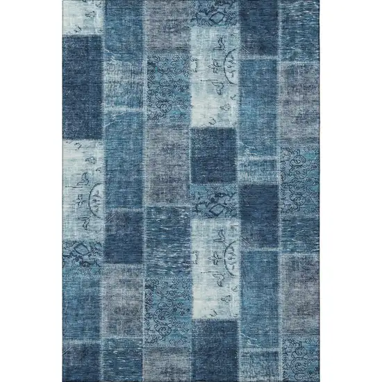 Blue And Ivory Patchwork Washable Area Rug With UV Protection Photo 3