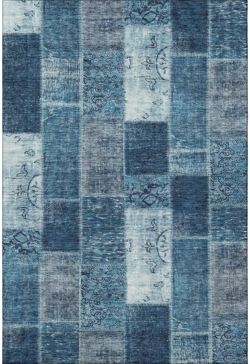 Blue And Ivory Patchwork Washable Area Rug With UV Protection Photo 3