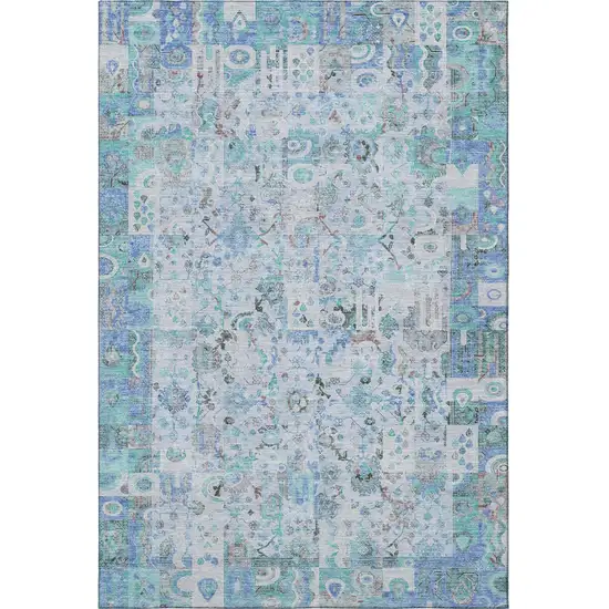 Blue And Ivory Patchwork Washable Area Rug With UV Protection Photo 4