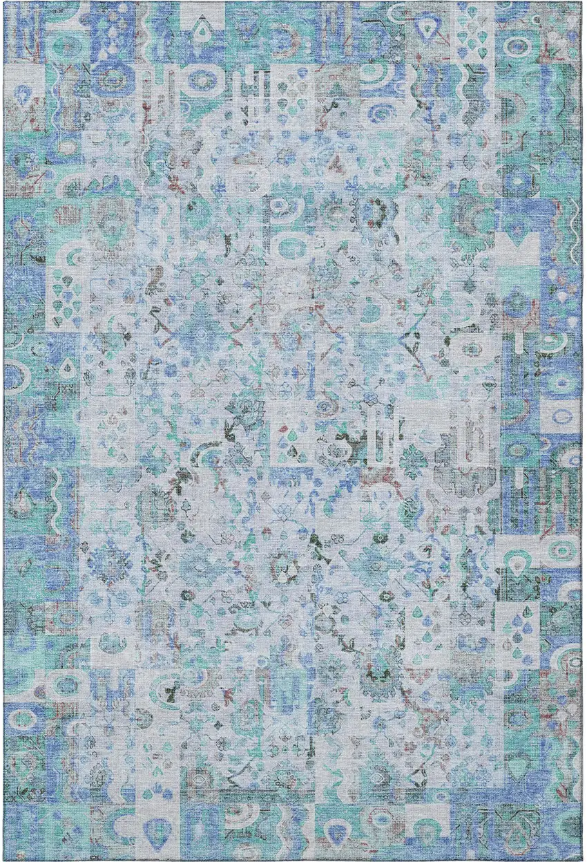 Blue And Ivory Patchwork Washable Area Rug With UV Protection Photo 4