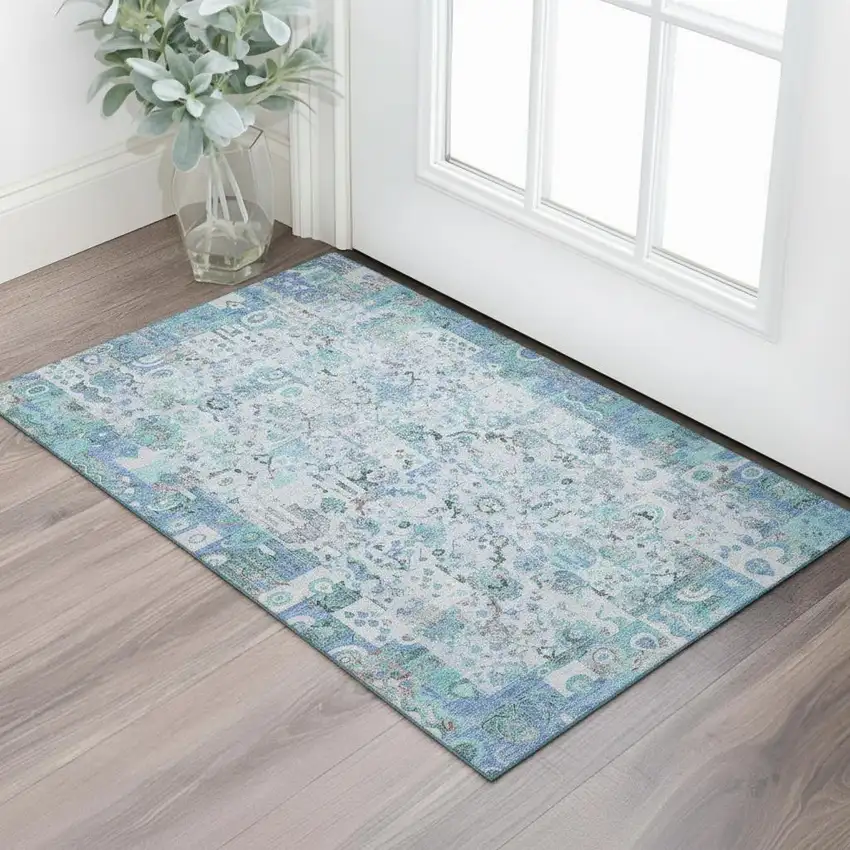 Blue And Ivory Patchwork Washable Area Rug With UV Protection Photo 2