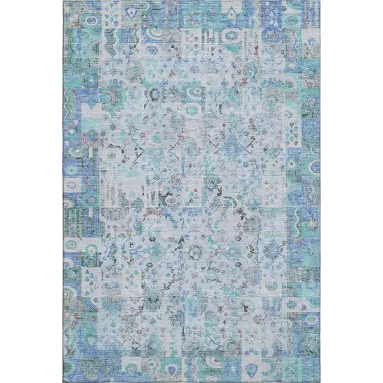 Blue And Ivory Patchwork Washable Area Rug With UV Protection Photo 1