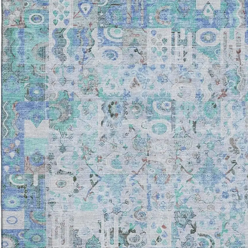 Blue And Ivory Patchwork Washable Area Rug With UV Protection Photo 3