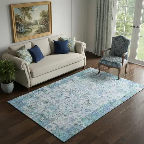 Blue And Ivory Patchwork Washable Area Rug With UV Protection Photo 2