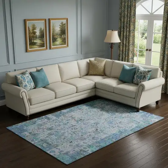 Blue And Ivory Patchwork Washable Area Rug With UV Protection Photo 2