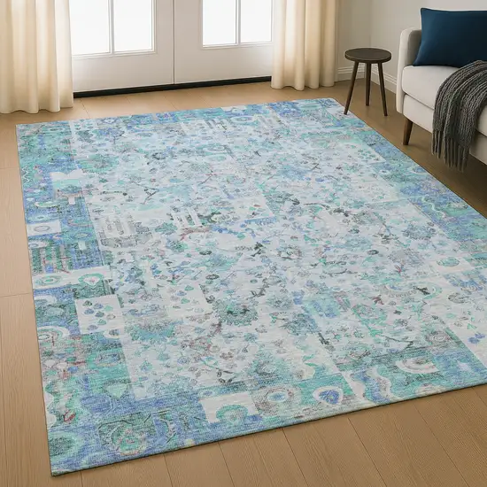 Blue And Ivory Patchwork Washable Area Rug With UV Protection Photo 5