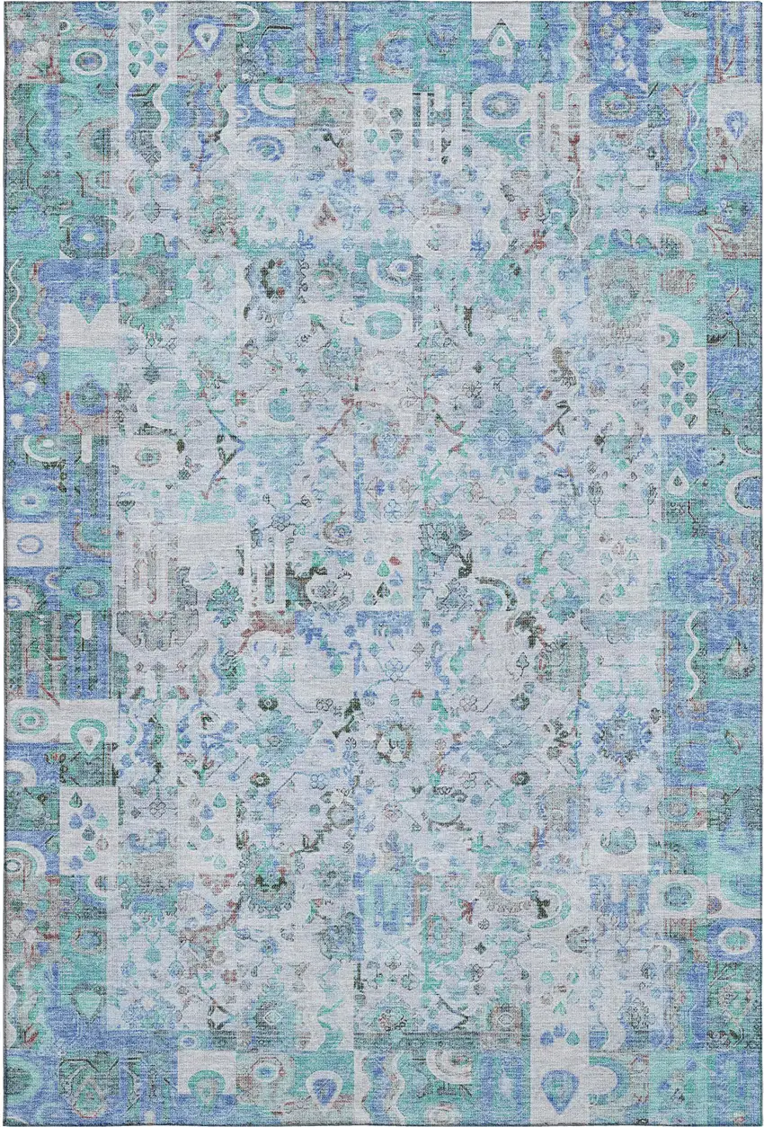 Blue And Ivory Patchwork Washable Area Rug With UV Protection Photo 1