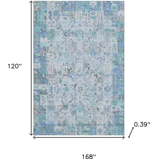 Blue And Ivory Patchwork Washable Area Rug With UV Protection Photo 9