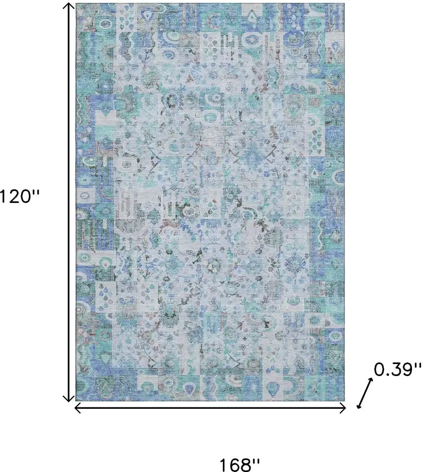 Blue And Ivory Patchwork Washable Area Rug With UV Protection Photo 9