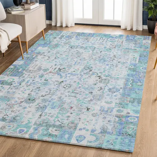 Blue And Ivory Patchwork Washable Area Rug With UV Protection Photo 6