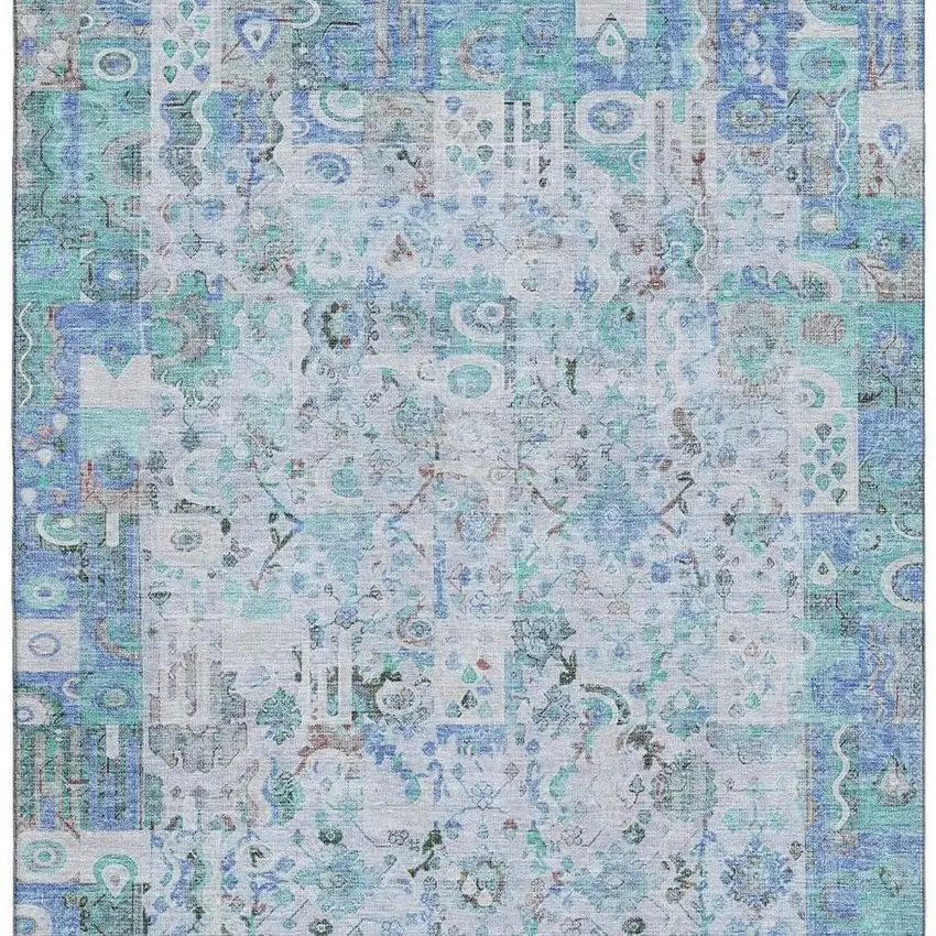 Blue And Ivory Patchwork Washable Area Rug With UV Protection Photo 4