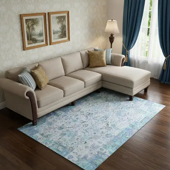 Blue And Ivory Patchwork Washable Area Rug With UV Protection Photo 2