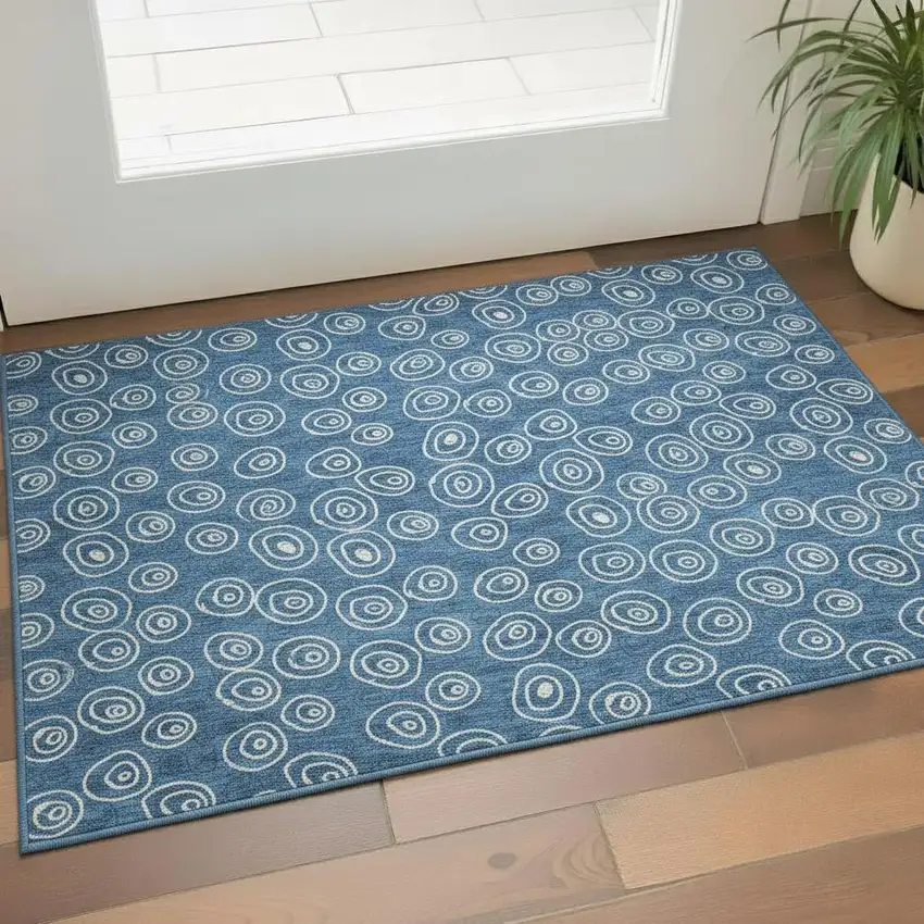 Blue And Ivory Polka Dot Washable Area Rug With UV Protection Photo 1
