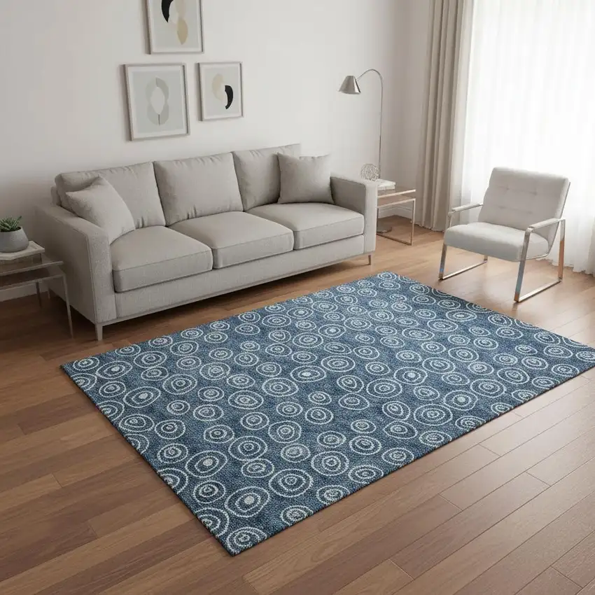 Blue And Ivory Polka Dot Washable Area Rug With UV Protection Photo 2