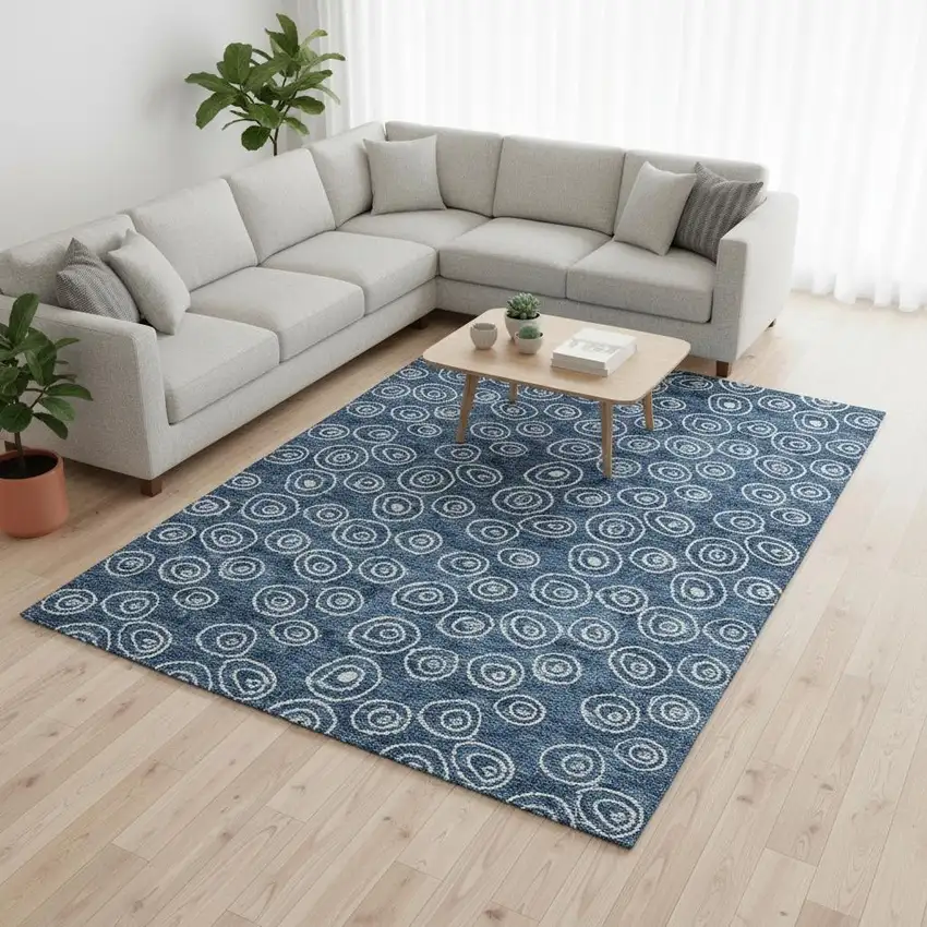 Blue And Ivory Polka Dot Washable Area Rug With UV Protection Photo 2