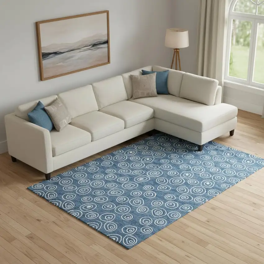 Blue And Ivory Polka Dot Washable Area Rug With UV Protection Photo 1