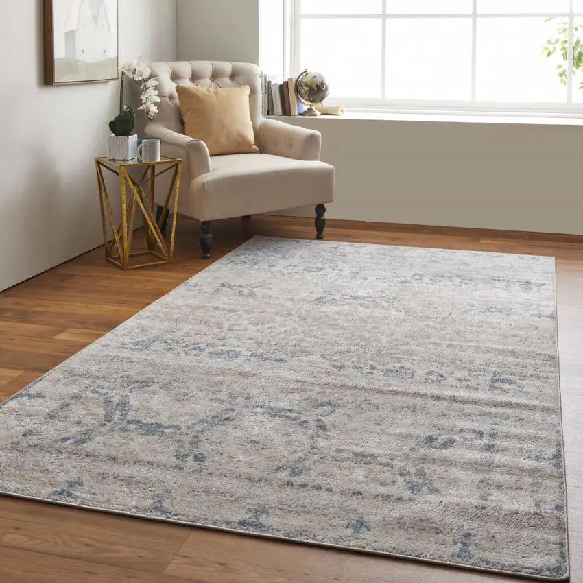 Blue And Ivory Power Loom Distressed Area Rug Photo 6