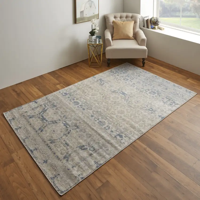 Blue And Ivory Power Loom Distressed Area Rug Photo 4