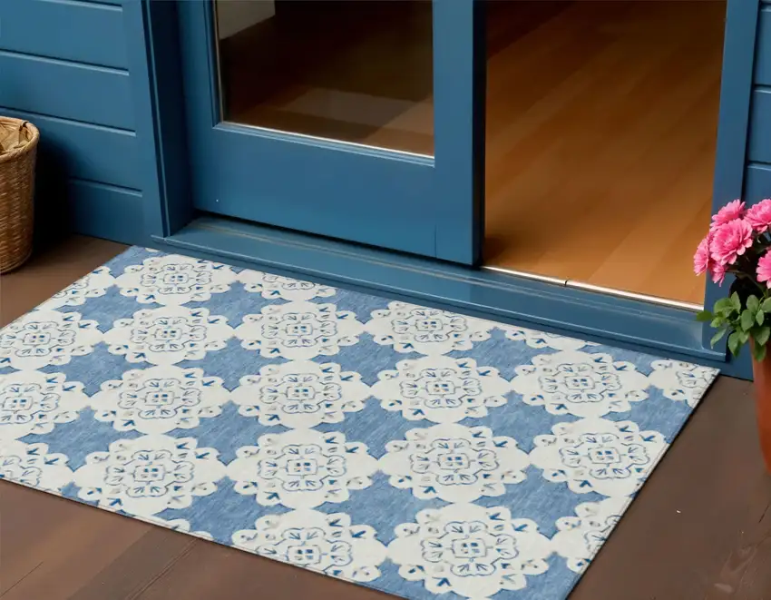 Blue And Ivory Quatrefoil Washable Indoor Outdoor Area Rug Photo 1