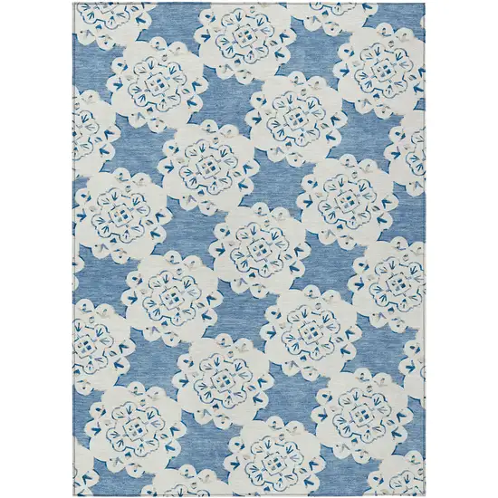 Blue And Ivory Quatrefoil Washable Indoor Outdoor Area Rug Photo 3