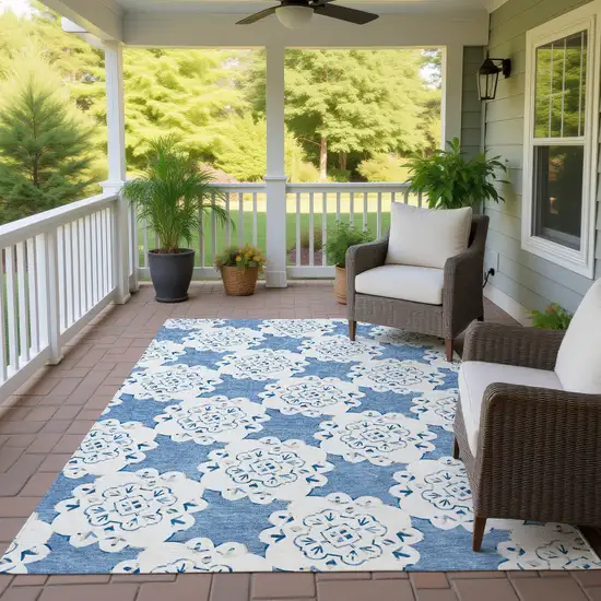 Blue And Ivory Quatrefoil Washable Indoor Outdoor Area Rug Photo 9
