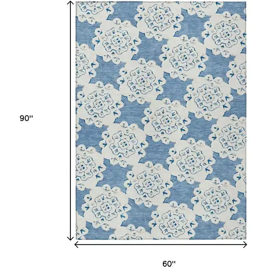 Blue And Ivory Quatrefoil Washable Indoor Outdoor Area Rug Photo 3
