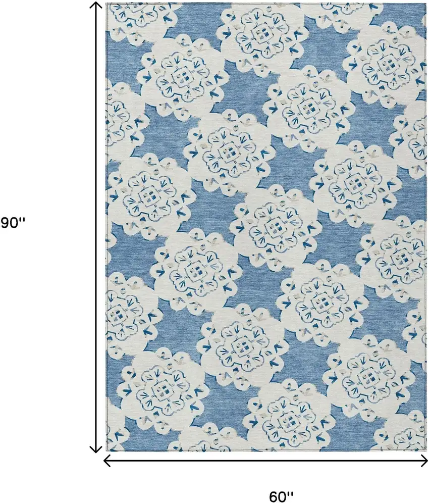 Blue And Ivory Quatrefoil Washable Indoor Outdoor Area Rug Photo 3