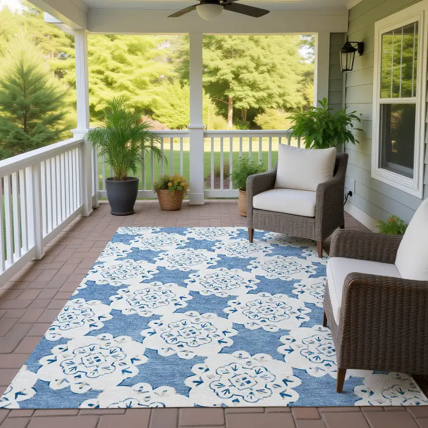 Blue And Ivory Quatrefoil Washable Indoor Outdoor Area Rug Photo 9