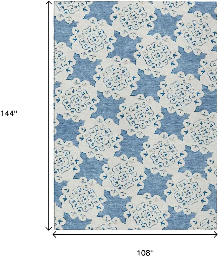 Blue And Ivory Quatrefoil Washable Indoor Outdoor Area Rug Photo 3