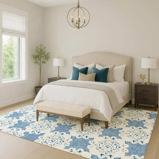 Blue And Ivory Quatrefoil Washable Indoor Outdoor Area Rug Photo 8