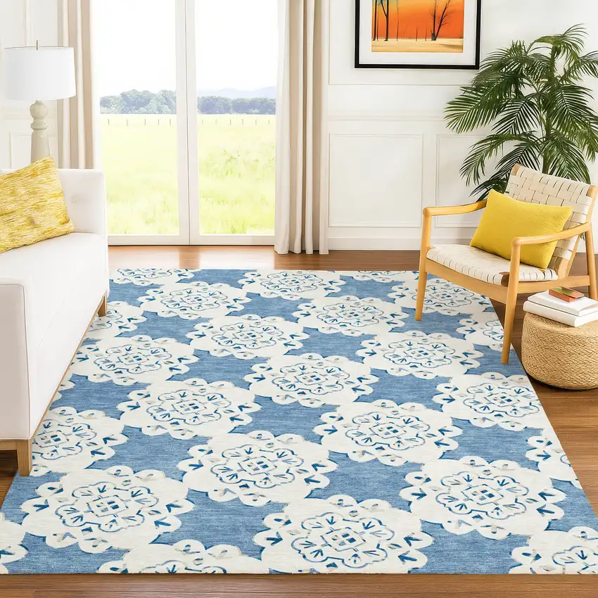 Blue And Ivory Quatrefoil Washable Indoor Outdoor Area Rug Photo 9