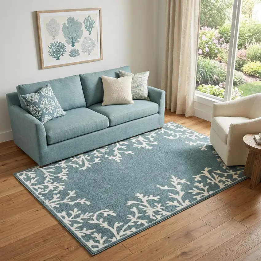 Blue And Ivory Seashell and Coral Area Rug Photo 1
