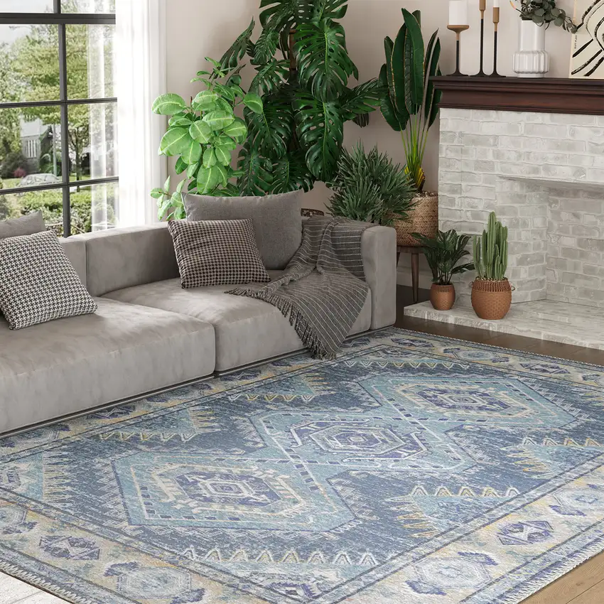 Blue And Ivory Southwestern Distressed Area Rug Photo 6