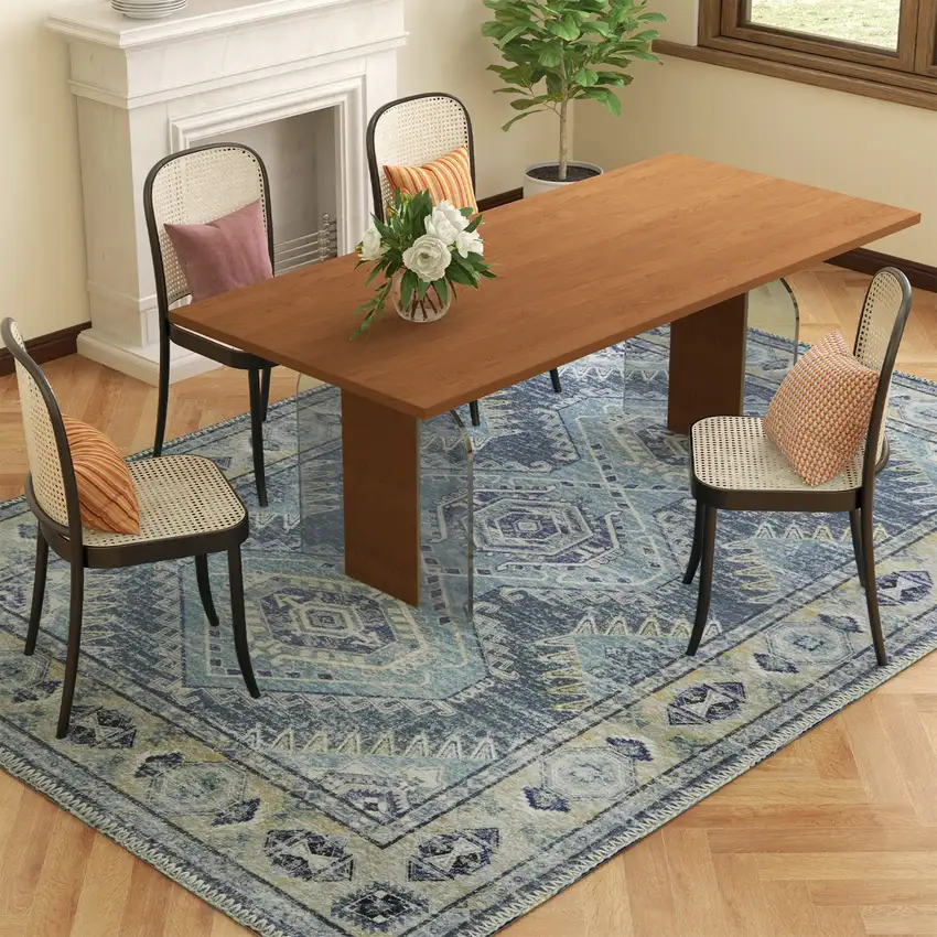 Blue And Ivory Southwestern Distressed Area Rug Photo 5