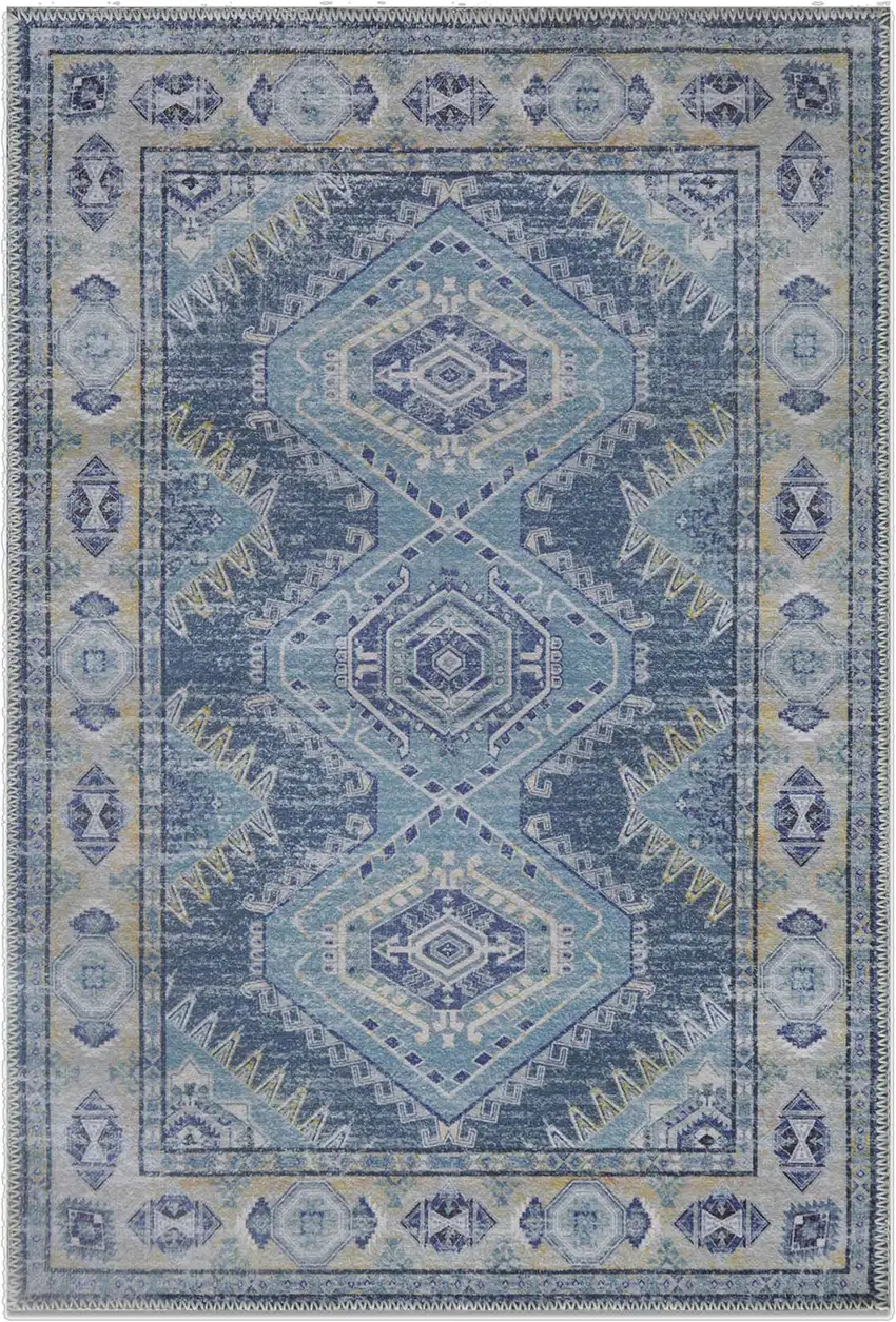 Blue And Ivory Southwestern Distressed Area Rug Photo 2