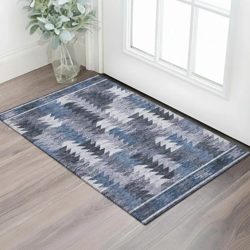 Blue And Ivory Southwestern Washable Area Rug With UV Protection Photo 1