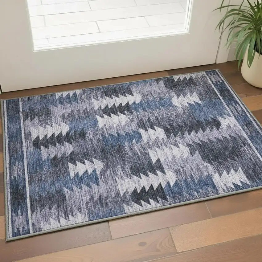 Blue And Ivory Southwestern Washable Area Rug With UV Protection Photo 2